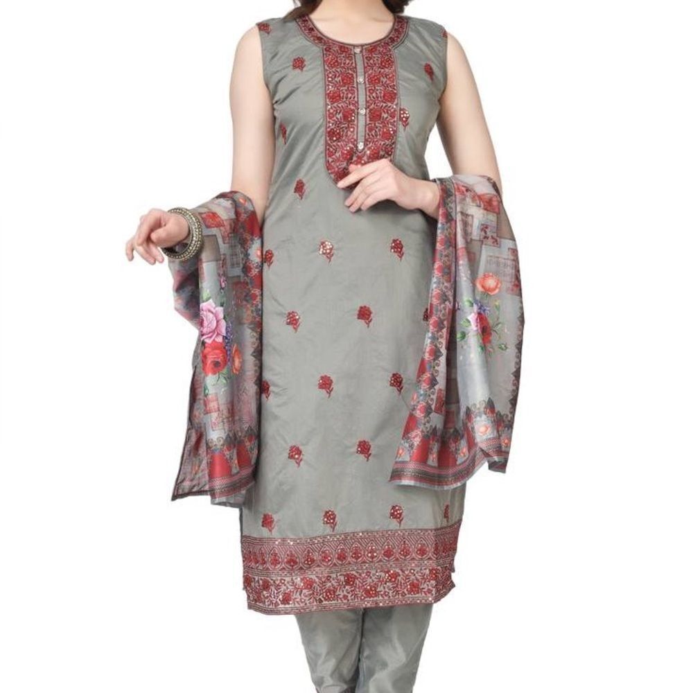 Embroidered Modal Salear Top Gray Sleeveless Dupatta stitched with sequins